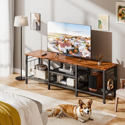 Furologee TV Stand for TVs up to 65 Inch, Entertainment Center with Open Storage Shelves, 55 Inch Television Stands with Soundbar Shelf for Living Room, Bedroom, Rustic Brown