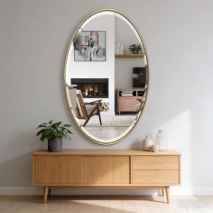 POZINO Oval Beveled Mirror, 28"x48" Brushed Gold Bath Mirror with Stainless Steel Frame, Modern Vanity Wall Mirrors for Living Room Bedroom Hallway Entryway, Hangs Vertically or Horizontally