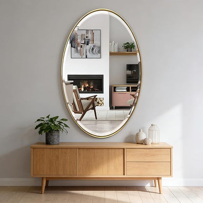 POZINO Oval Beveled Mirror, 28"x48" Brushed Gold Bath Mirror with Stainless Steel Frame, Modern Vanity Wall Mirrors for Living Room Bedroom Hallway Entryway, Hangs Vertically or Horizontally