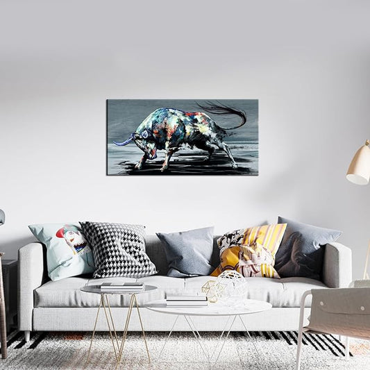 sechars - Cool Animal Canvas Wall Art Fighting Bull Painting for Living Room Home Office Farmhouse Decor Wildlife Canvas Artwork for West Cowboy Gallery Wrap Ready to Hang