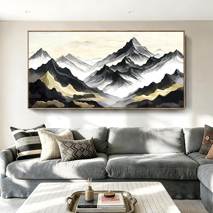 Extra Large Framed Natural Abstract Living Room Wall Art, Black White And Gold Mountain Canvas Wall Decor, Modern And Elegant Landscape Print Picture For Dining Rooms, Bedrooms, Lounges, Offices, And Hallways. 58X29 Inches.