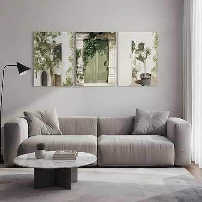 Yxjyzzkx Mediterranean Olive Green Wall Art Set of 3, Italy Courtyard Door Canvas Prints, Tuscany Landscape Triptych Wall Decor, Vintage European Canvas Art for Living Room Bedroom Office, 12x16 Inch