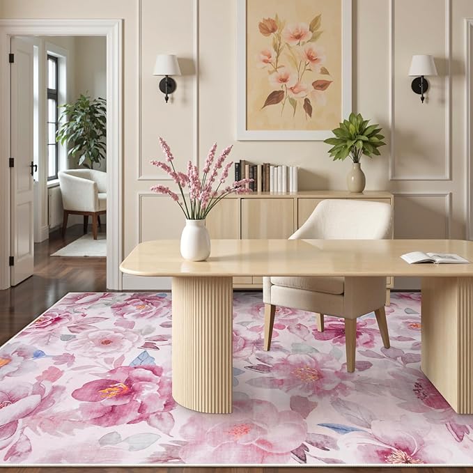 Lahome Floral Living Room Rug 5x7 Rug Machine Washable,Pink Rugs for Bedroom Girl Boho Area Rug Non Slip Vintage Low Pile Large Throw Carpet Rug for ‎Dining Room Office（5x7,Pink