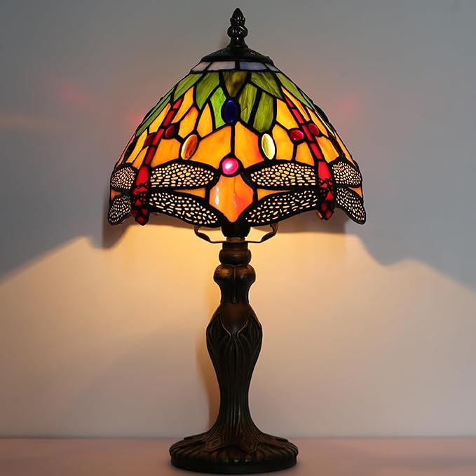 Tiffany Style Lamp Stained Glass Table Lamp 8 x 14.5 Mini Accent Light Yellow Dragonfly Design Small Decorative Bedside Reading Memory Lamp