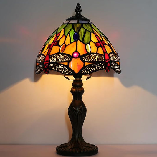Tiffany Style Lamp Stained Glass Table Lamp 8 x 14.5 Mini Accent Light Yellow Dragonfly Design Small Decorative Bedside Reading Memory Lamp