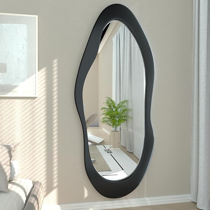 55"x 24" Irregular Wavy Full Length Mirror Black Wooden Framed Full Body Mirror Irregular Wall Mirrors Hanging for Bedroom Living Room Cloakroom