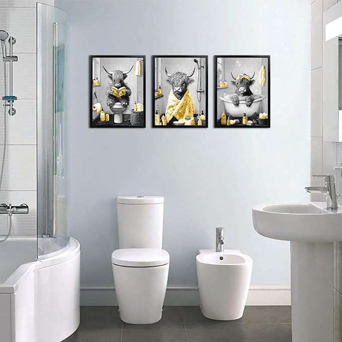 sechars Highland Cow Bathroom Wall Art 3 Piece Funny Bathroom Pictures Canvas Print Grey and Yellow Decor (Yellow)