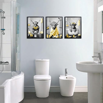sechars Highland Cow Bathroom Wall Art 3 Piece Funny Bathroom Pictures Canvas Print Grey and Yellow Decor (Yellow)