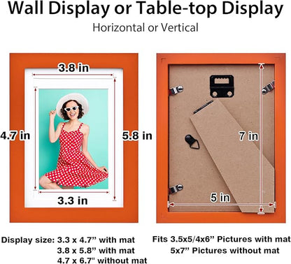 KINLINK 5x7 Picture Frame Orange, Solid Wood Frames with Acrylic Plexiglass for 3.5x5/4x6 with Mat or 5x7 without Mat, Tabletop and Wall Display Photo Frame, Set of 4
