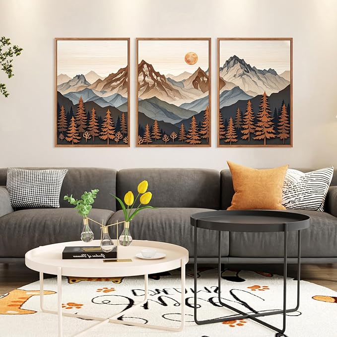HLNIUC Boho Woodcut Mountain Framed Canvas Wall Art,Large Sun Forest Wall Decor,Orange Mid Century Sunrise Scene Artwork Set of 3 (24x36),Nature Colorado Peaks Prints for Living Room,Bedroom,Office