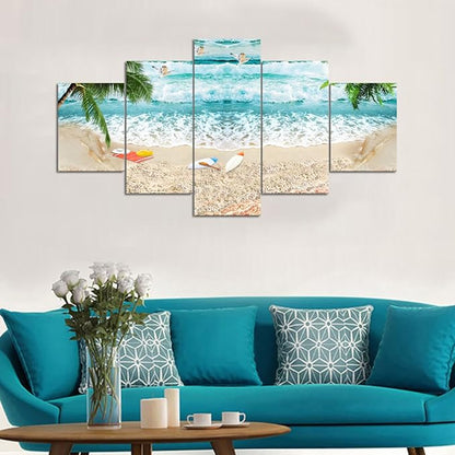 Surfing Seascape Landscape Paintings Canvas Wall Art for Living Room Bedroom Home Decor Waves Beach Picture Modern 5 Piece Framed Stretched Gallery Wrap Giclee Prints and Posters (60''W x 32''H)