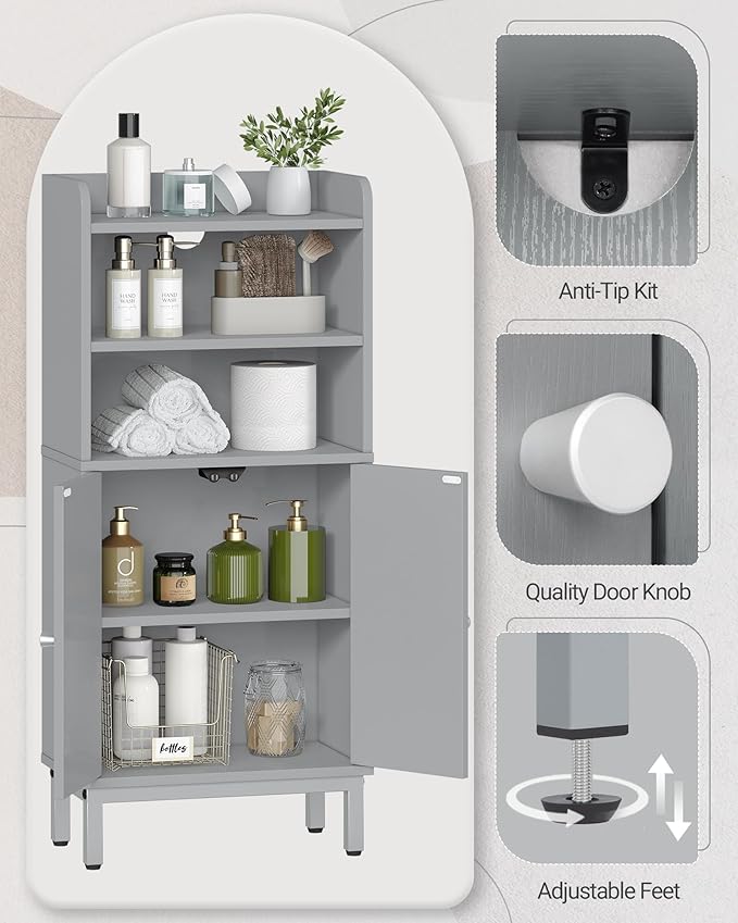 Hzuaneri Bathroom Storage Cabinet, Small Floor Cabinet with 2 Door and Shelves, Toilet Paper Cabinets, Bathroom Organizer with Adjustable Shelf, for Small Spaces Gray 7.1" D x 14.6" W x 32.7" H