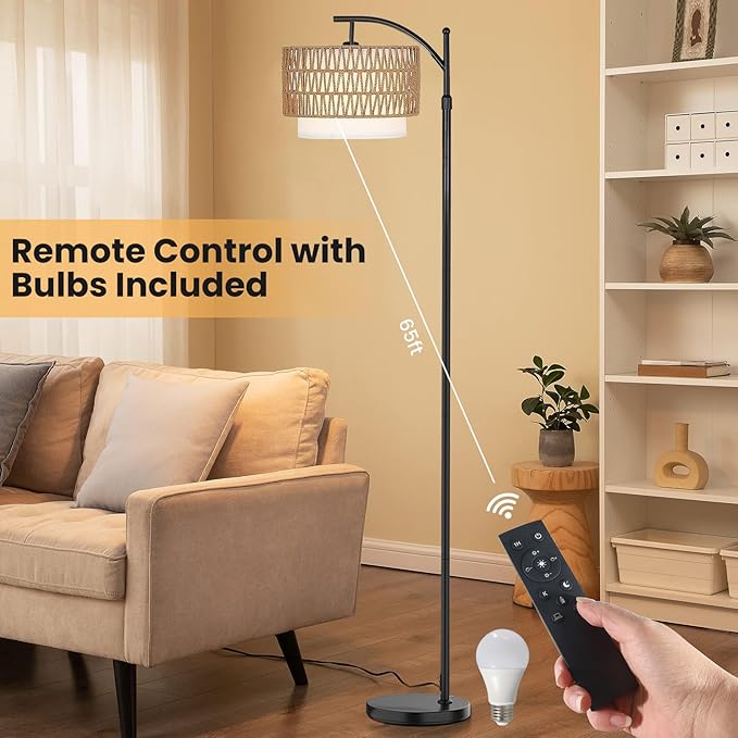 Yusist Arc Floor Lamp for Living Room,Farmhouse Floor Lamps with Remote Control & Dimmable Bulb,Rattan Boho Tall Standing Lamp for Bedroom Office