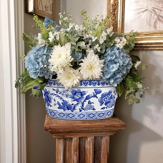 Blue and White Ceramic Planter Pot – Vintage Floral Oval Cachepot Vase for Indoor Plants, Flowers & Succulents – Glazed Chinese Porcelain Style Decorative Bowl – 7.4" or 10.6" Size – No Drainage