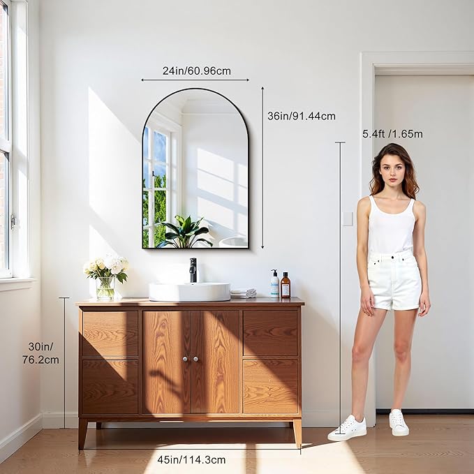 CIRCUMI Arched Wall Mirror, 24"x36" Black Arched Mirror with Tempered Glass, Metal Frame, Large Size for Bathroom, Living Room,Entryway,Over Sink, Arch Mirror for Decor,Shatterproof&Crystal-Clear