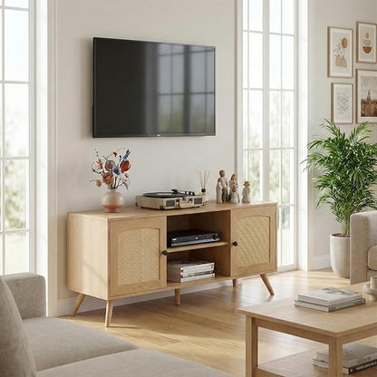 holzart Mid Century Modern Rattan TV Stand for 55/60 Inch TV - 53" Boho Media Console Table with Cane Doors & Open Shelves, Oak Wood Finish Entertainment Center for Living Room, Hallway, Entryway