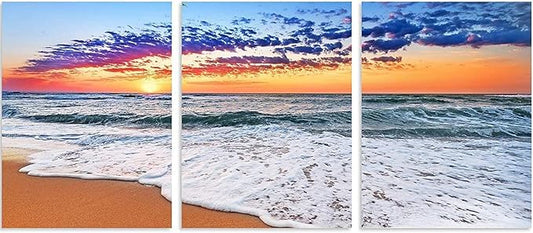 TutuBeer 3 Panels Beach Decor for Home Beach Art Colorful Ocean Kitchen Decor Sunrise Sea Wall Decor for Home Sea Wall Art Ocean Room Decor Wall Decor 16" x 32" x 3 Pieces