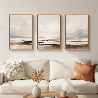 HOURIA Large Neutral Abstract Gray Framed Wall Art Set,Minimalist Modern Beige Brown Landscape Wall Decor,Wilderness Filed Artwork,Watercolor Misty Lake Print for Living Room,Bedroom,Office- 24"x36"x3