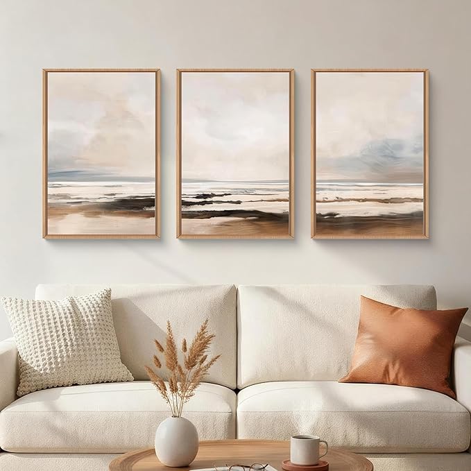 HOURIA Large Neutral Abstract Gray Framed Wall Art Set,Minimalist Modern Beige Brown Landscape Wall Decor,Wilderness Filed Artwork,Watercolor Misty Lake Print for Living Room,Bedroom,Office-16 x24 x3