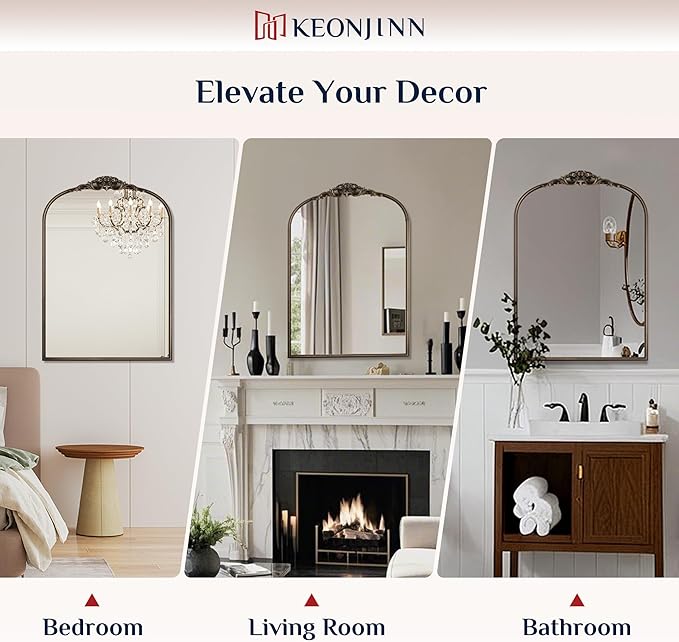 Keonjinn Vintage Mirror for Wall, 36" x 30" Bronze Antique Mirrors with Metal Frame, Baroque Style Decoration for Mantle, Bathroom, Living Room, Fireplace, Bedroom, French Cleat Mounting