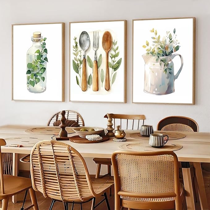 YFvrPt Boho Kitchen Wall Decor Set of 3 Dining Room Canvas Poster Kitchen Sage Green Plants Botanical Prints Eucalyptus Leaves Wall Art Minimalist Dining Room Pictures Artwork Unframed 12x16 inch