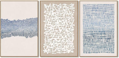 SAFERRYHOME Mid Century Neutral Blue Contrast Boho Wall Art - Modern Framed Canvas Prints Large Abstract Zen Lines Geometric Pattern Decor for Living Room, Home Office, Dining Room - 3 Pieces 24x36 Inch
