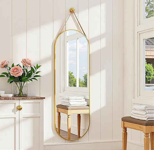 Dewfig 16"x48" Oval Full Length Mirror with Leather Strap Hanging Mirror with Aluminum Frame, Oval Gold Wall-Mounted Mirrors for Living Room Bedroom Entryway Décor, Gold