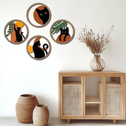 XFN 4PCs 3D Boho Cat Hanging Wooden Wall Art Wall Decor, Botanical Wall Decor Bohemian Decor, Cat Lover Gifts, Wooden Sign Wood Art Wood Plaque Home Decor for Living Room Bedroom Farmhouse Bathroom