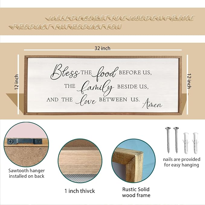 Bless the Food Before Us Wall Decor Sign 32" X 12" Dining Room Wall Decor Framed Wood for Large Farmhouse Vintage Prayer Catholic Kitchen Wall Hanging Scripture Bible Verse Art (Wood)