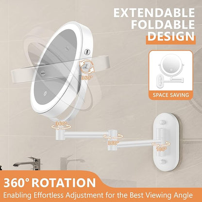 Auxmir 1X/30X Wall Mounted Makeup Mirror with Light, 8" Rechargeable Double-Sided Magnifying Mirror, Vanity Mirror Dimmable 3 Color Light, 360° Extension Rotation Foldable 14.5 Inch Arm, White