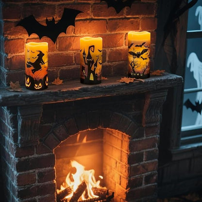 Rechargeable Halloween Flameless Candles Battery Operated with 6 Hour Timer Real Wax Flickering LED Pillar Candles Bats Witch Pumpkin Dinner Halloween Indoor Deocration(3 Pack, 3" D x 6" H)