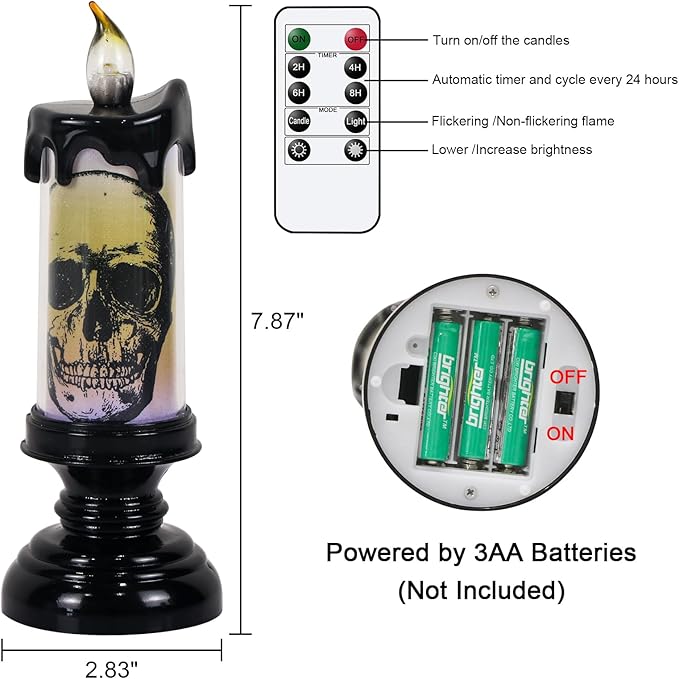Halloween Flameless Flickering Candle Lights with Remote Timer, Battery Operated LED Candle Lamp Spooky Skull Crow Spider Decals and Lights Indoor Decor(3 Pack, 2.8" D x 7.8" H)
