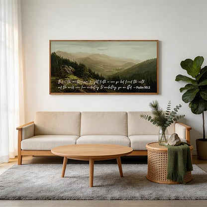 CHDITB Bible Verses Quotes Scripture Psalm 90:2 Wall Art Framed, Neutral Boho Farmhouse Christian Mountain Landscape Canvas Artwork, Large Vintage Religious Biblical Nature Smoky Forest Painting Decor for Living Room Office (40"L x 20"W)