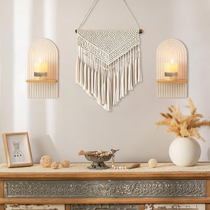 Boho Wall Candle Holder Decor: Mid Century Candle Sconces Set of 2 for Plants Pillar Candles - White Wood Modern Minimalist Arch Candle Shelf Bohemian Art Decor Beside Fireplace TV