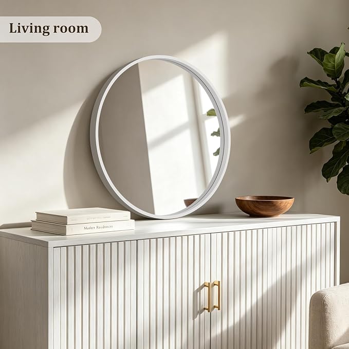 HOMECOOKIN Round Wood Mirror 24 inch Circle Mirror, Rustic Farmhouse Wooden Framed Decorative Wall Decor, Vanity Wall Mirror for Bathroom, Bedroom, Entryway, Living Room (White)