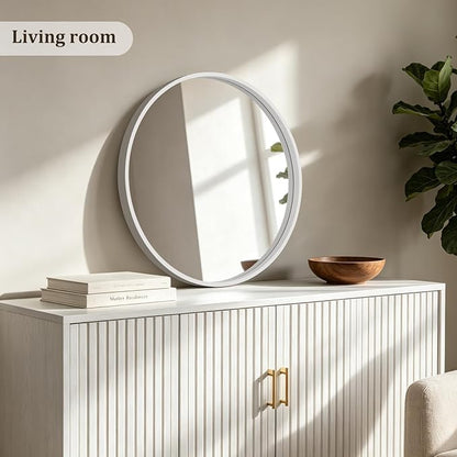HOMECOOKIN Round Wood Mirror 24 inch Circle Mirror, Rustic Farmhouse Wooden Framed Decorative Wall Decor, Vanity Wall Mirror for Bathroom, Bedroom, Entryway, Living Room (White)