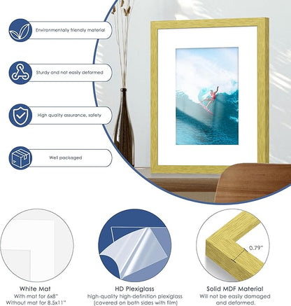 PEALSN 8x10 Picture Frame Set of 6, Display Pictures 5x7 with Mat or 8x10 Without Mat for Wall Mounting or Table Top Display, Photo Frames Collage for Wall Decor, Gold
