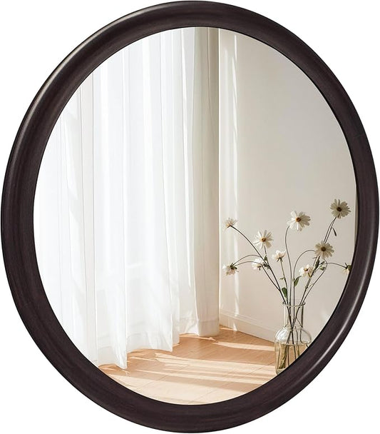 Round Wood Mirrors 30 Inch,Rustic Decorative Transitional Dark Walnut Wall Mirror with Wood Grain for Bathroom,Farmhouse Hanging Vanity Mirror for Entryway Living Room or Bedroom