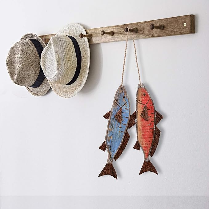 Wooden Fish Hanging Wood Decor for Wall, Rustic Nautical Beach Theme Home Decoration Sculpture Home Decor for Bathroom Bedroom Lake House Decoration