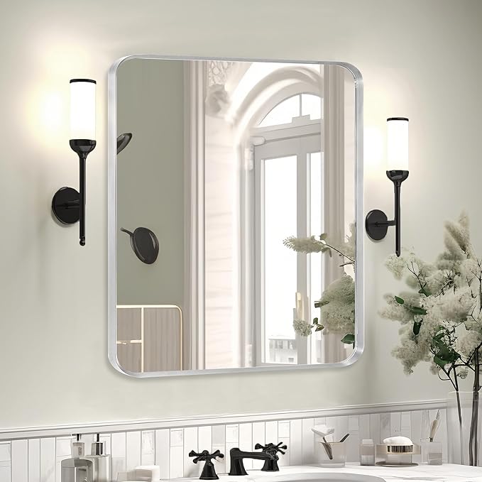 Silver Metal Framed Bathroom Mirror for Wall, Brushed Nickel Rounded Corner Rectangular Bathroom Vanity Mirror, Anti-Rust, Tempered Glass (30" x 36", Silver)