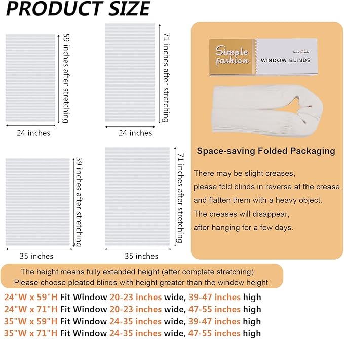 Window Blinds Cordless No Drill Cut to Size Clip On Stick On Self Adhesive Temporary Blinds Pleated Paper Blinds for Windows Doors Shades for Home Nursery Bedroom Kitchen Bathroom