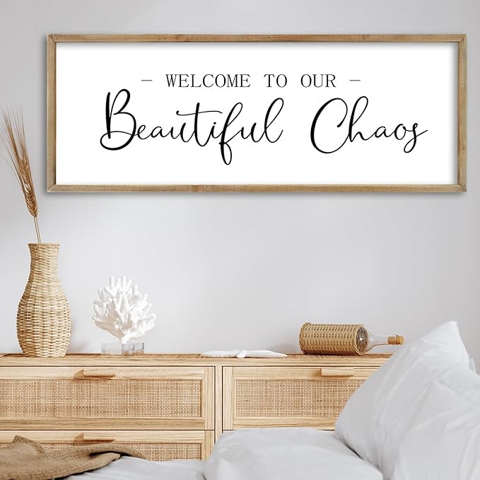 FZMHASLWW Welcome To Our Beautiful Chaos Sign Wall Decor 32"×12" Family Wooden Plaque for Living Room Entryway Hanging Wall Art (Wood)