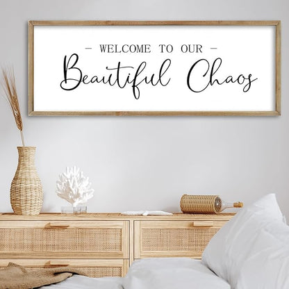 FZMHASLWW Welcome To Our Beautiful Chaos Sign Wall Decor 32"×12" Family Wooden Plaque for Living Room Entryway Hanging Wall Art (Wood)