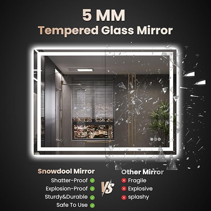 Snowdool 48"X32" LED Bathroom Mirror with Front Lights and Backlit, Anti-Fog, Dimmable, Shatter-Proof Tempered Glass, Lighted Bathroom Vanity Mirror for Wall with 3 Colors, Memory Function