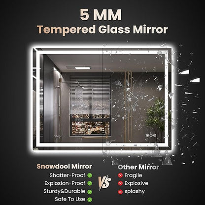 Snowdool 48"X32" LED Bathroom Mirror with Front Lights and Backlit, Anti-Fog, Dimmable, Shatter-Proof Tempered Glass, Lighted Bathroom Vanity Mirror for Wall with 3 Colors, Memory Function