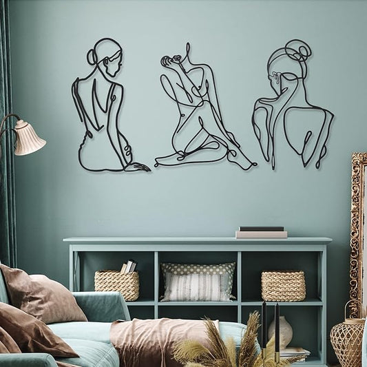 Photect 3 Pcs Metal Wall Art Decor Minimalist Abstract Woman Wall Art Metal Modern Line Drawing Decor Female Single Line Home Hanging for Bedroom Bathroom Living Room Housewarming(Retro,Black)