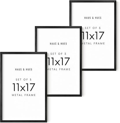 HAUS AND HUES 11x17 Black Metal Picture Frames - Features Premium Aluminum, Vertical & Horizontal Hang, Shatterproof Plexiglass - Perfect for Home, Room, Office (11x17 in, Black, Set of 3)