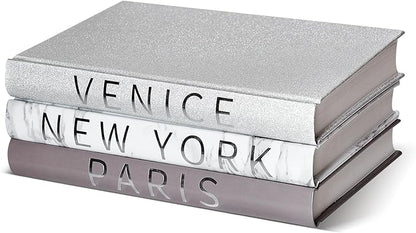 Set of 3 Decorative Books for Home Decor-Silver Foil Stamping Decor Books,Fashion Designer Books for Coffee Tables and Book Shelf Decoration