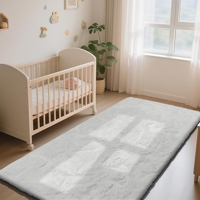 Soft Runner Rugs for Bedroom, White 2x6 Area Rugs Fluffy Rug Shag Area Rug Carpet, Bedside Rug for Living Room Bedroom Kids Room Home Decor