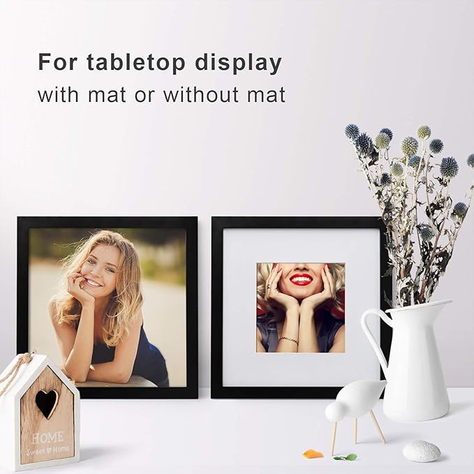 Egofine 10x10 Picture Frames Black,Made of Solid Wood with HD Plexiglass for Pictures 6x6 with Mat or 10x10 without Mat, Tabletop and Wall Mounting Display, Set of 4